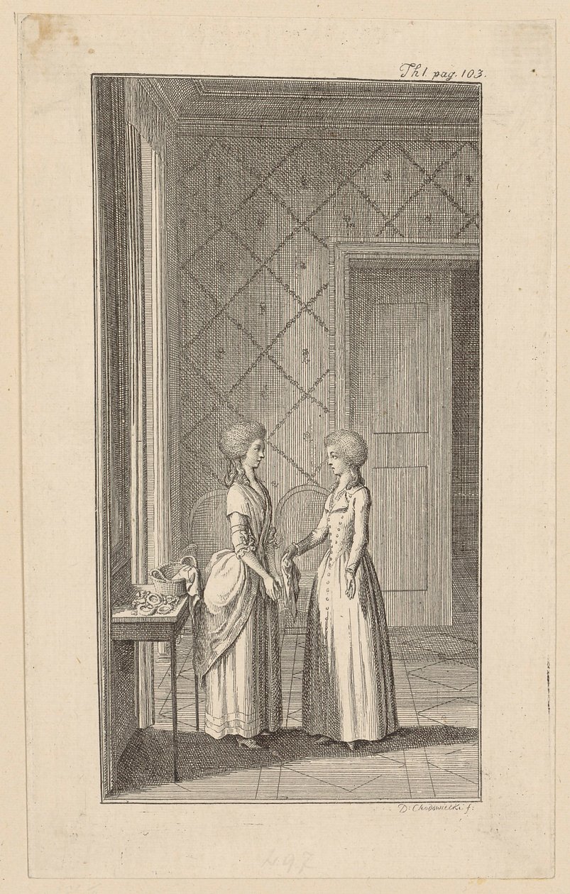Hanne en Mariane in de komedie van Weisse „De afgunst berooft zichzelf van zijn brood“ door Daniel Nikolaus Chodowiecki