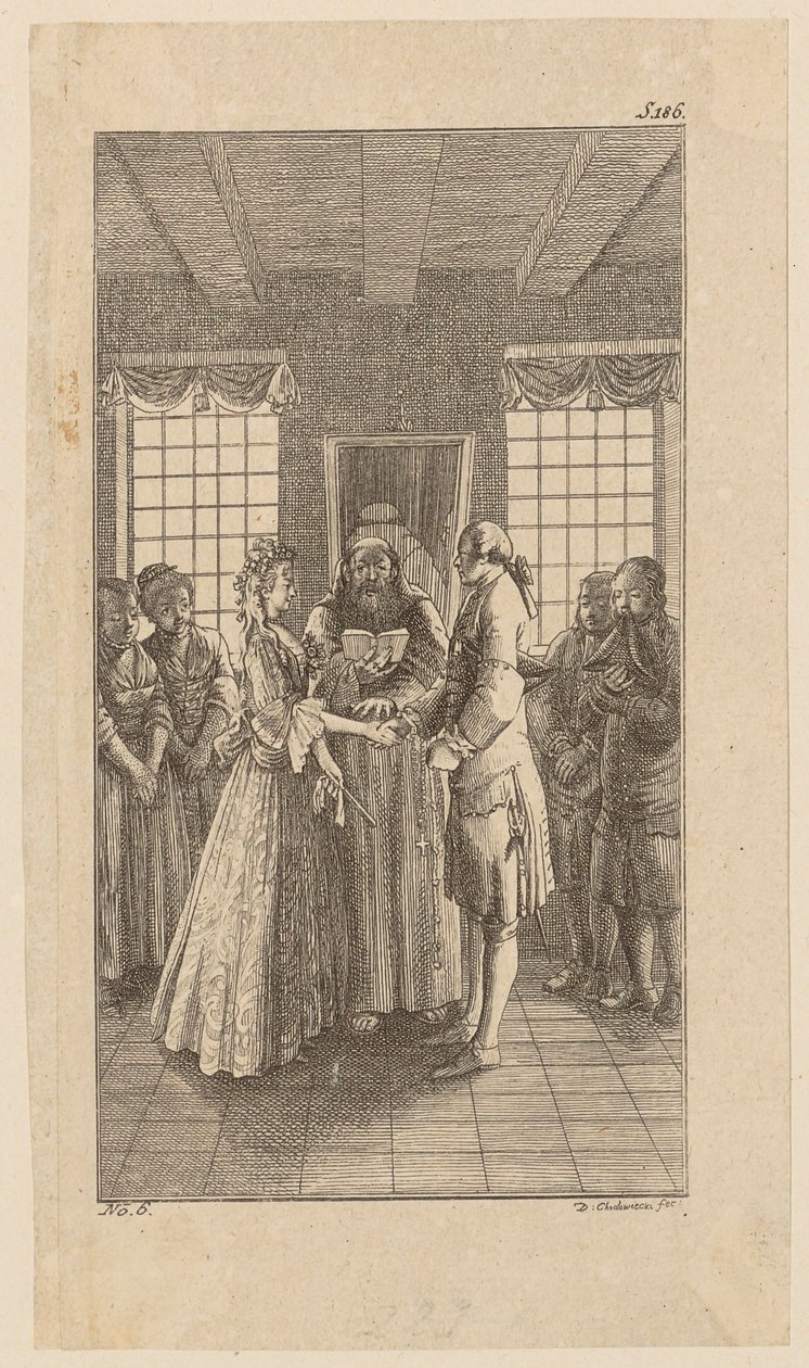 Het huwelijk met juffrouw Melmoth, blad 6 uit „Leven, opmerkingen en meningen van Johann Bunkel” door Daniel Nikolaus Chodowiecki