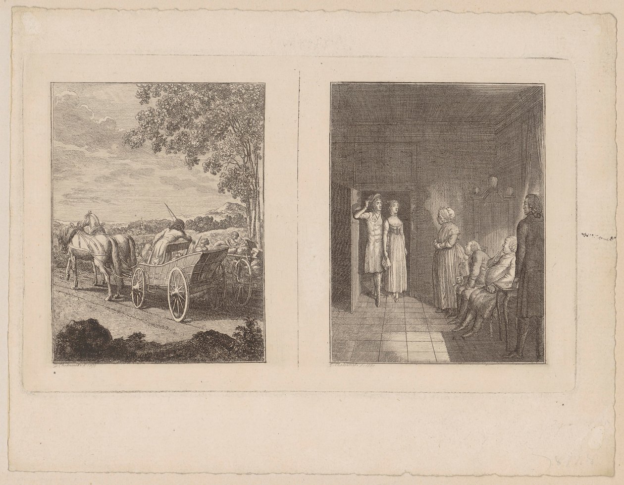 Hermann heeft de ontheemden ingehaald [links]; Herrmann leidt Dorothea het huis van zijn ouders binnen [rechts] door Daniel Nikolaus Chodowiecki