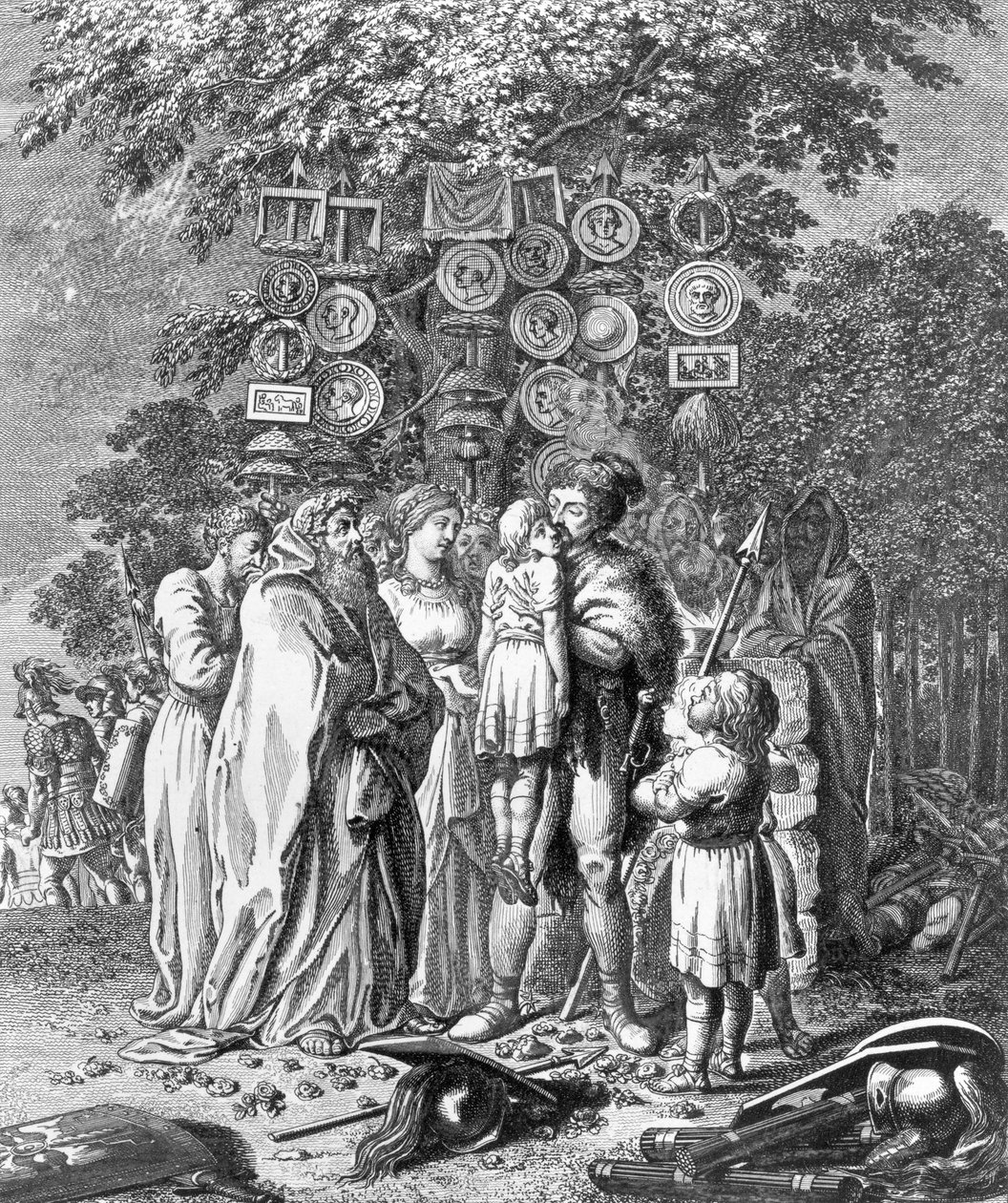 Hermann tilt, voor een grote eik, de gewonde offerjongen op en kust hem. Blad 1 uit  "Kleins Leven van grote Duitsers", deel 1 door Daniel Nikolaus Chodowiecki