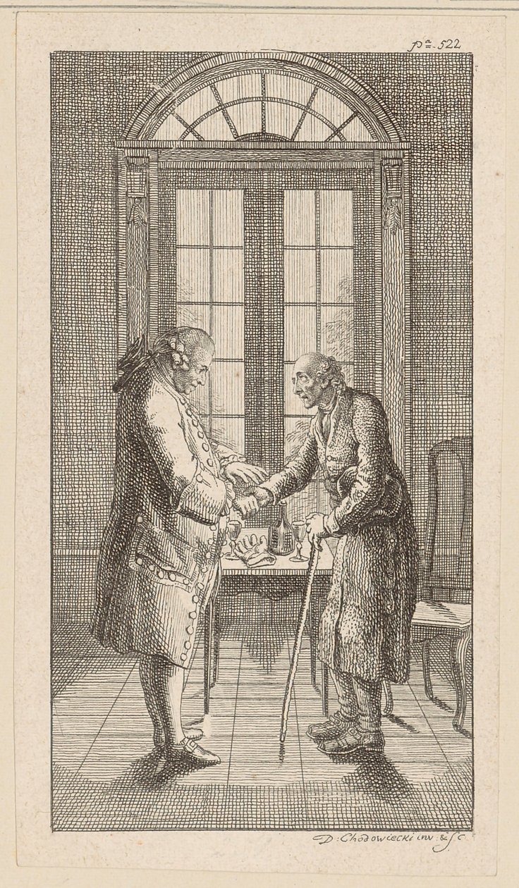 De heer v. G. schudt de oude man de hand door Daniel Nikolaus Chodowiecki