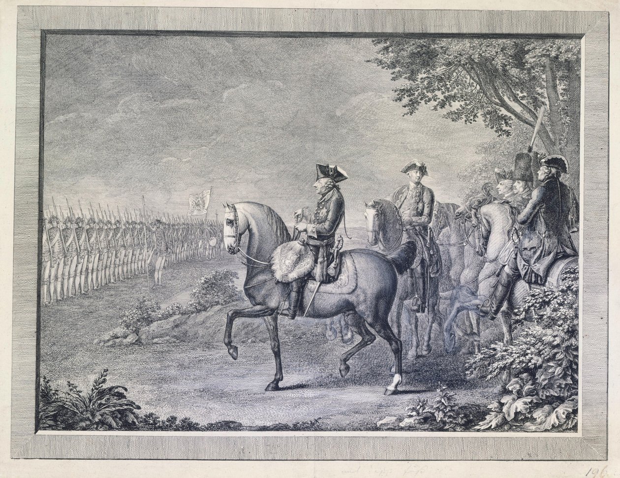 Koning Frederik II. Wachtparade in Potsdam door Daniel Nikolaus Chodowiecki