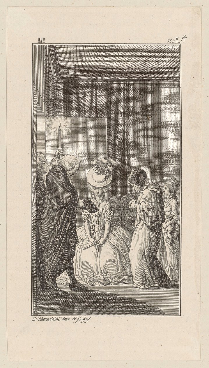Lady Vincent, Lady Brunk, Whitefield en een geestelijke komen binnen door Daniel Nikolaus Chodowiecki