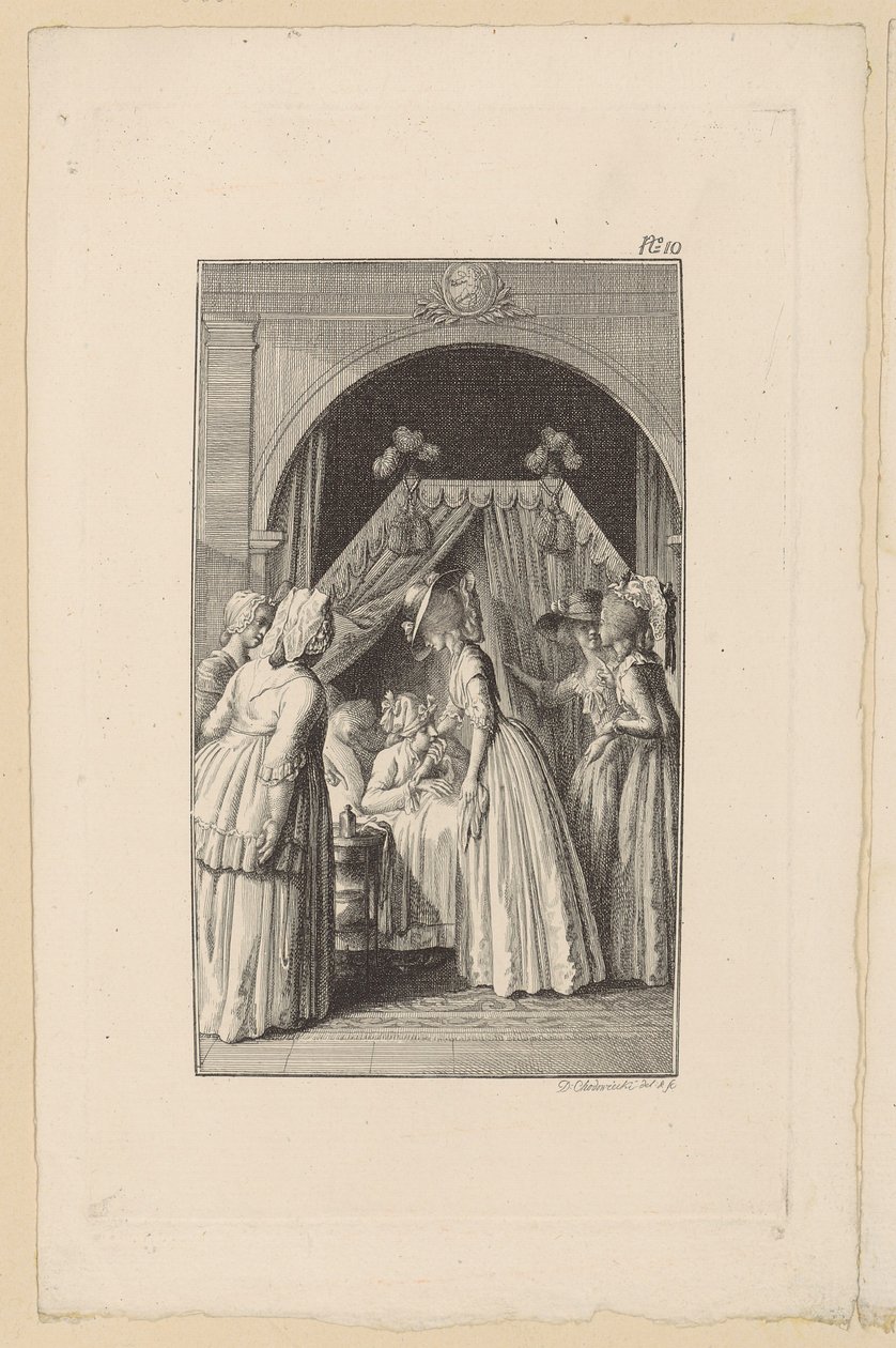 Lovelace, die in het hemelbed ligt, pakt Clarisses hand vast door Daniel Nikolaus Chodowiecki