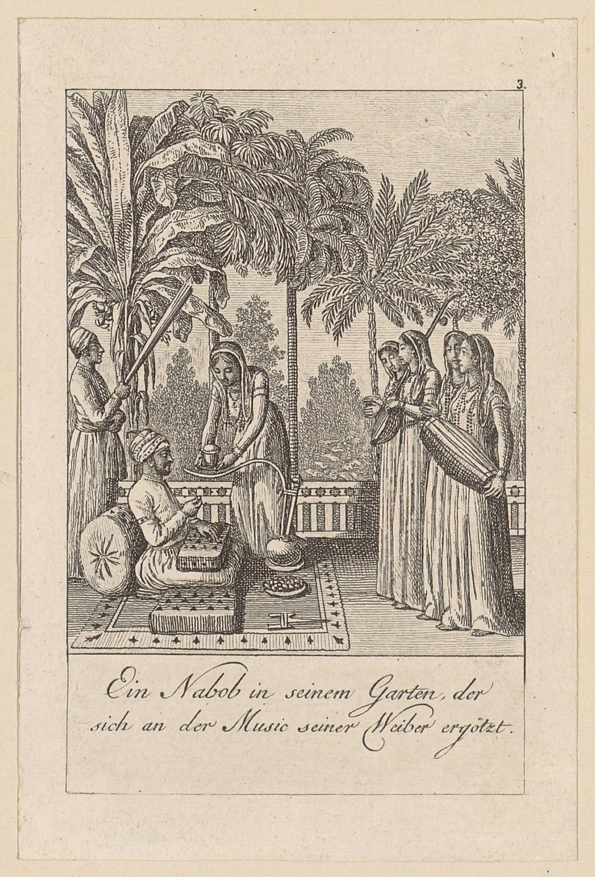 Nabob in zijn tuin, plaat 3 uit de serie “Oost-Indische gebruiken” door Daniel Nikolaus Chodowiecki