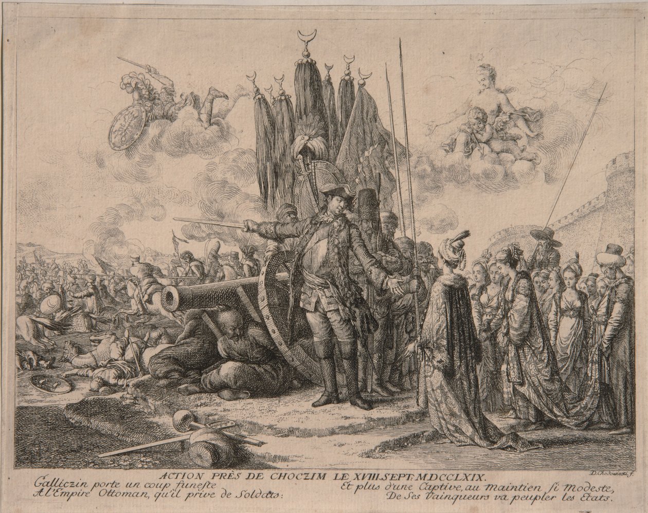 Prins Alexander Mikhaylovich Golitsyn bij het beleg van de Khotyn-vesting 1769, 1769 door Daniel Nikolaus Chodowiecki