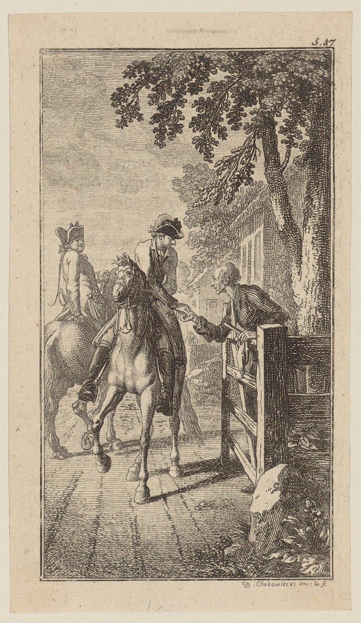 Zuigeling te paard geeft Sebaldus een aalmoes door Daniel Nikolaus Chodowiecki