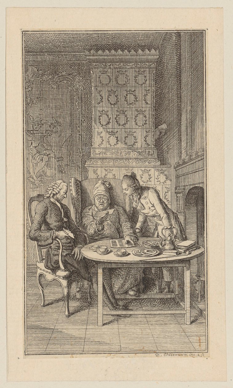 Sebaldus, de oude en jonge baby aan tafel met een loterijlot door Daniel Nikolaus Chodowiecki