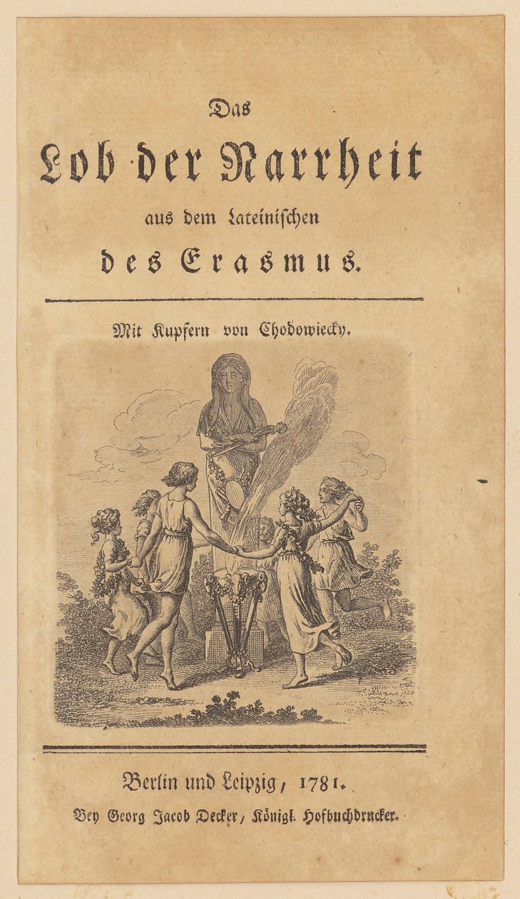 Titelpagina met vignet bij Erasmus’ „Lof der dwaasheid“ door Daniel Nikolaus Chodowiecki