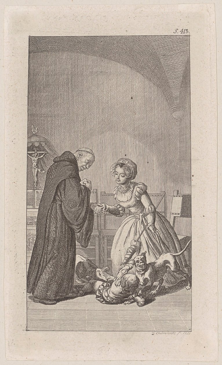 Kopergravure bij „De grijze broer“ door Daniel Nikolaus Chodowiecki
