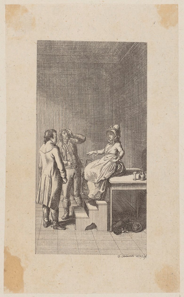 Kopergravure bij Diderots „Jakob en zijn heer“, eerste deel door Daniel Nikolaus Chodowiecki
