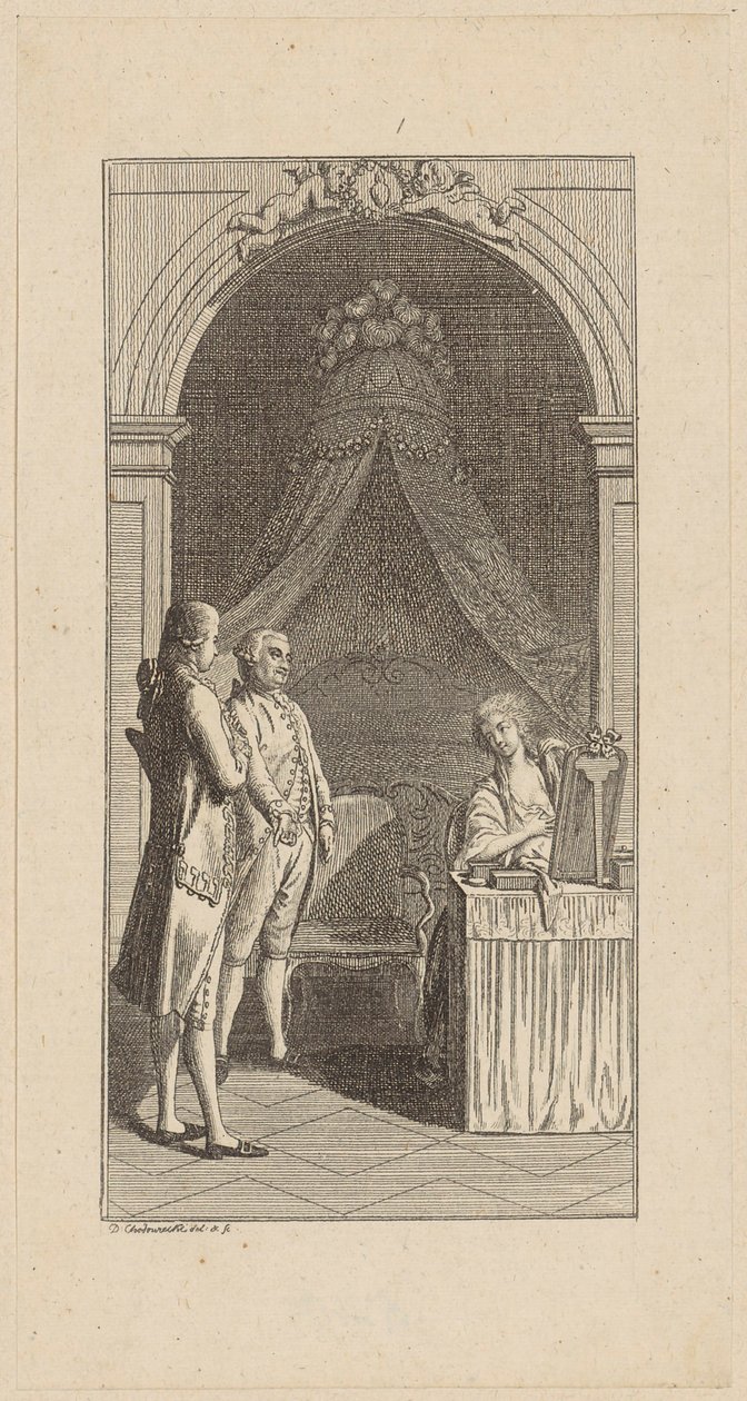 Kopergravure bij het essay „Romans van buitenlanders“ door Daniel Nikolaus Chodowiecki