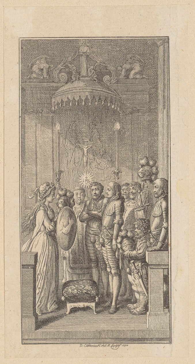 Kopergravure bij de ridderroman „Palmerin van Oliva“ door Daniel Nikolaus Chodowiecki