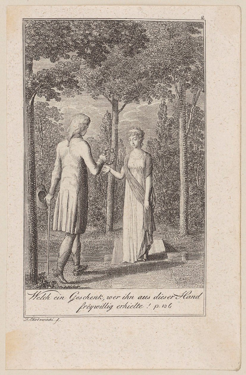 De dochter van de dominee ontmoet de nieuwe landeigenaar, blad 2 van de aflevering „De roeping naar de stad“ door Daniel Nikolaus Chodowiecki