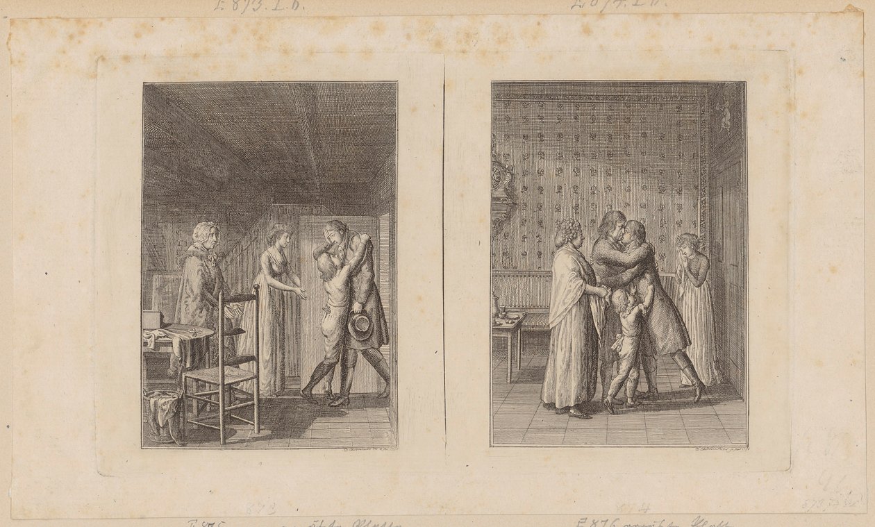 Vader ging failliet [links]; Afscheid van Ludwig [rechts] door Daniel Nikolaus Chodowiecki