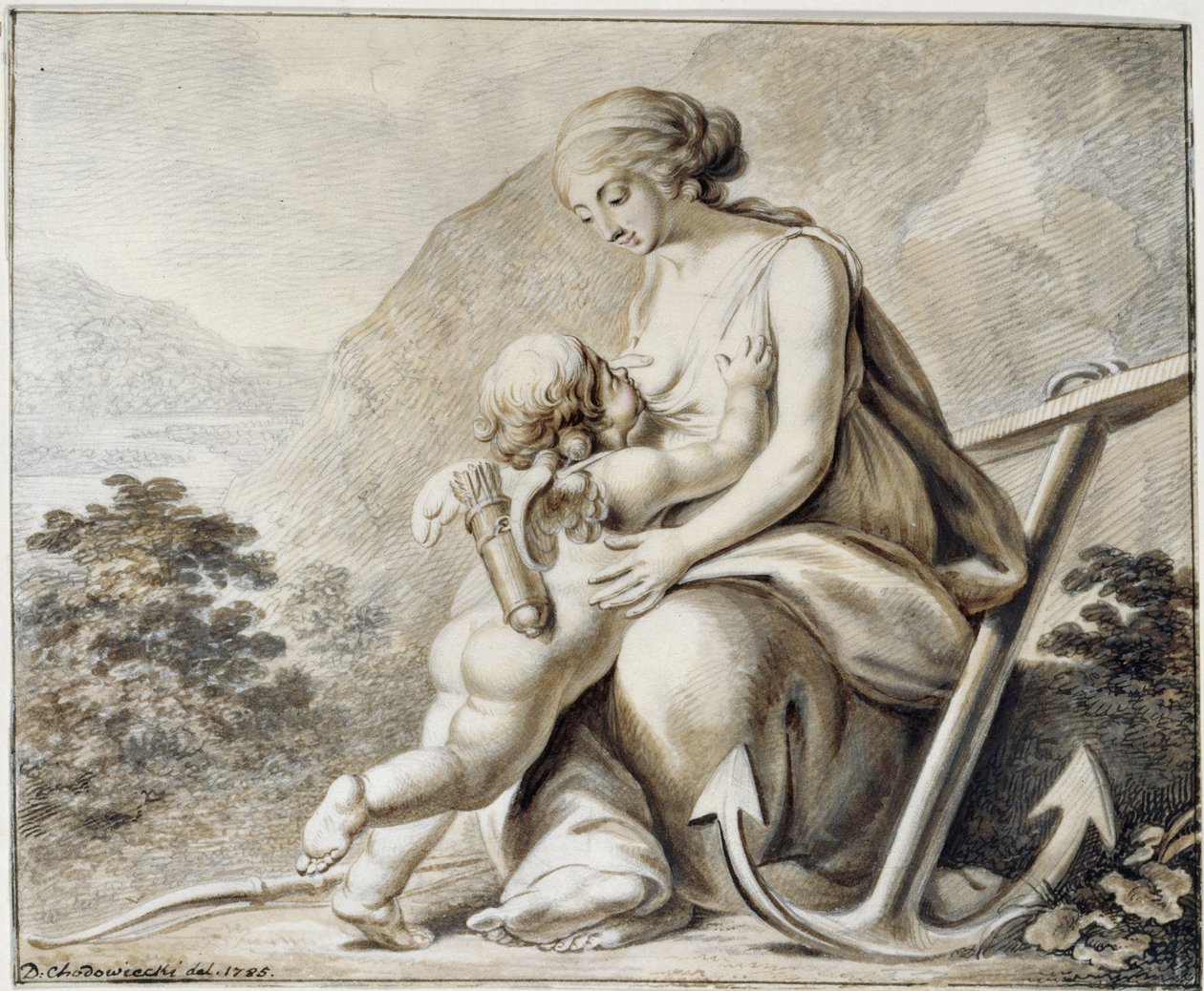 Venus die haar borst aanbiedt aan Amor, die links van haar staat door Daniel Nikolaus Chodowiecki