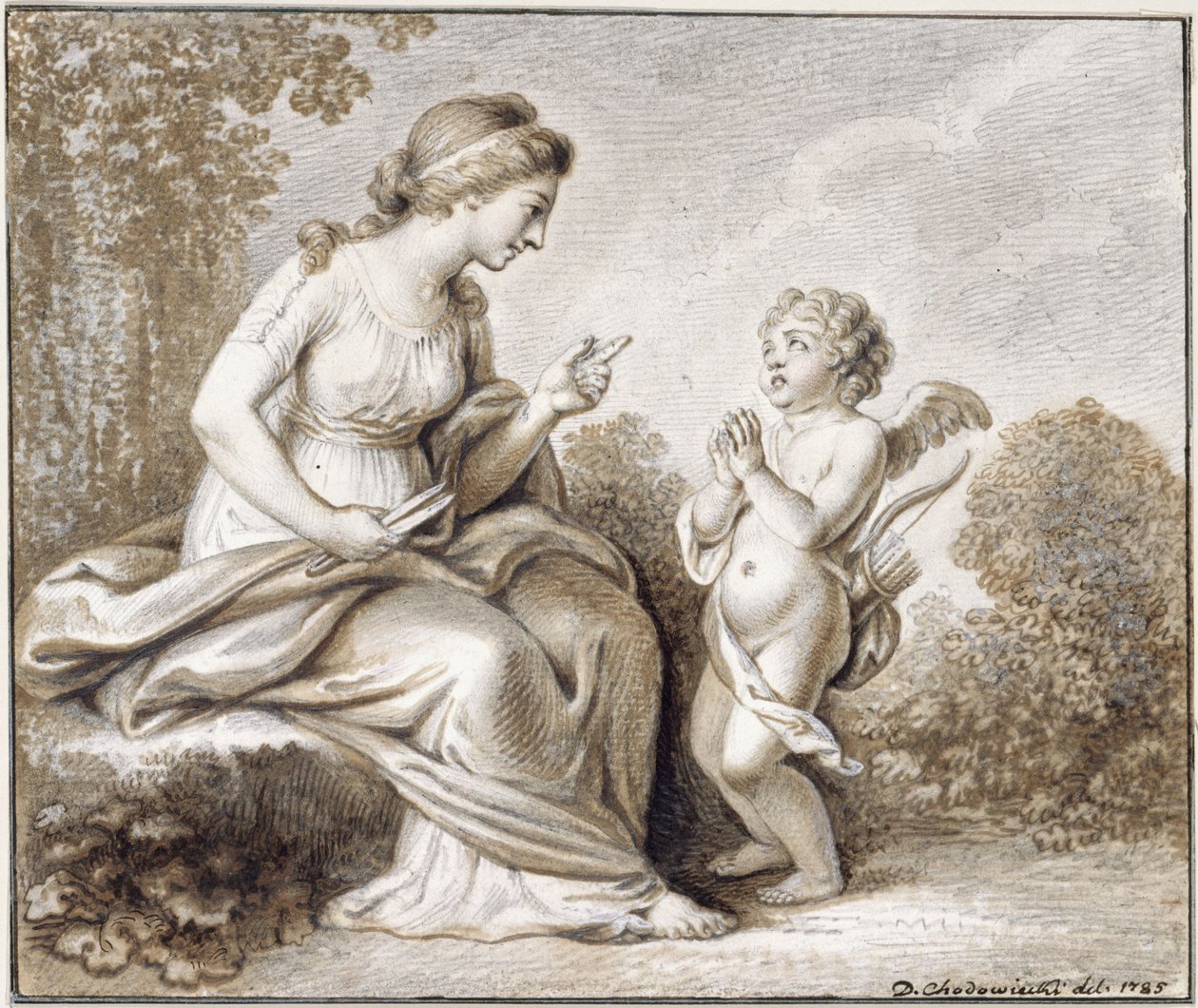 Venus dreigt de vleugels te kortwieken van Amor, die rechts voor haar staat door Daniel Nikolaus Chodowiecki