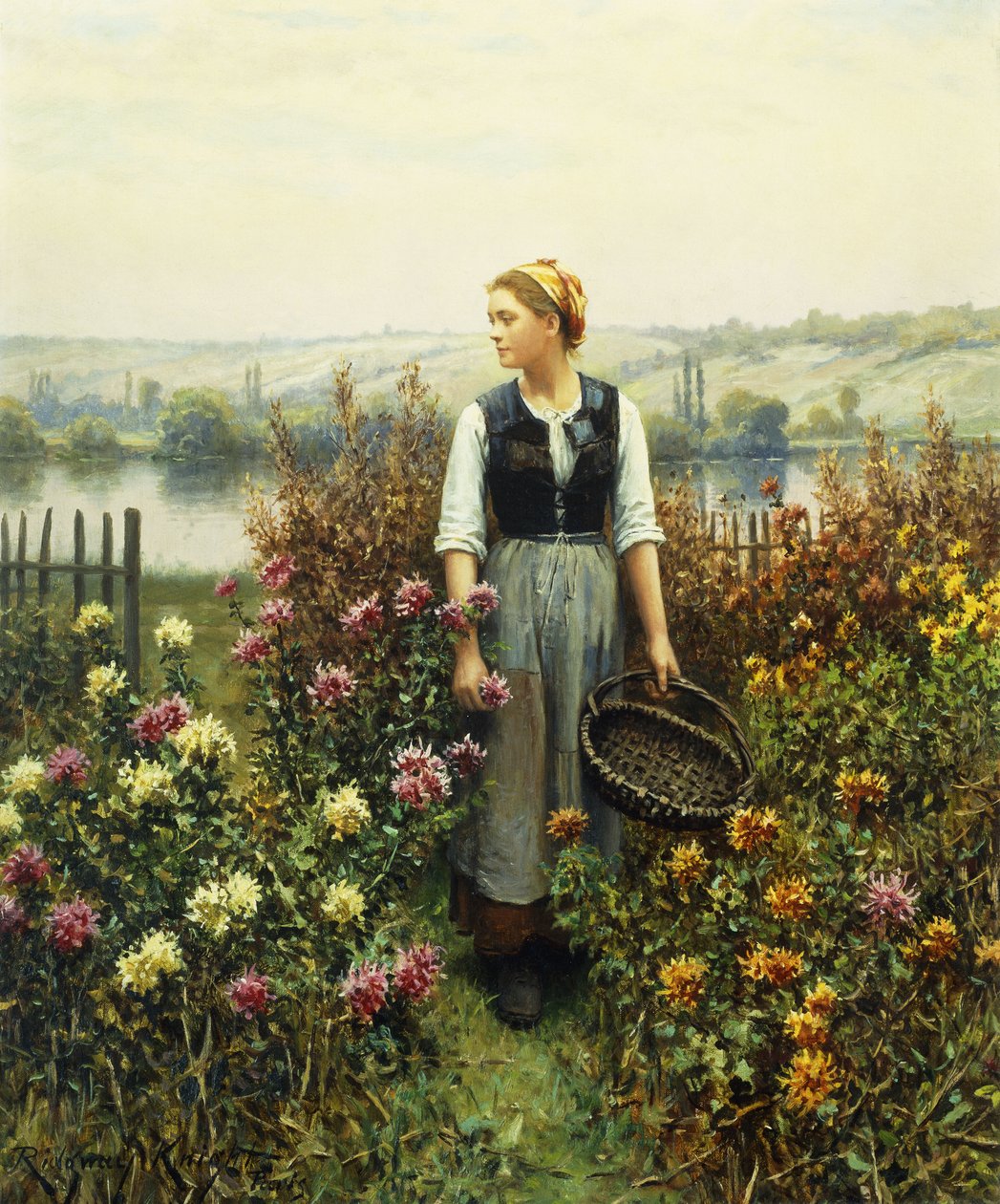 Meisje met een mand in een tuin door Daniel Ridgway Knight