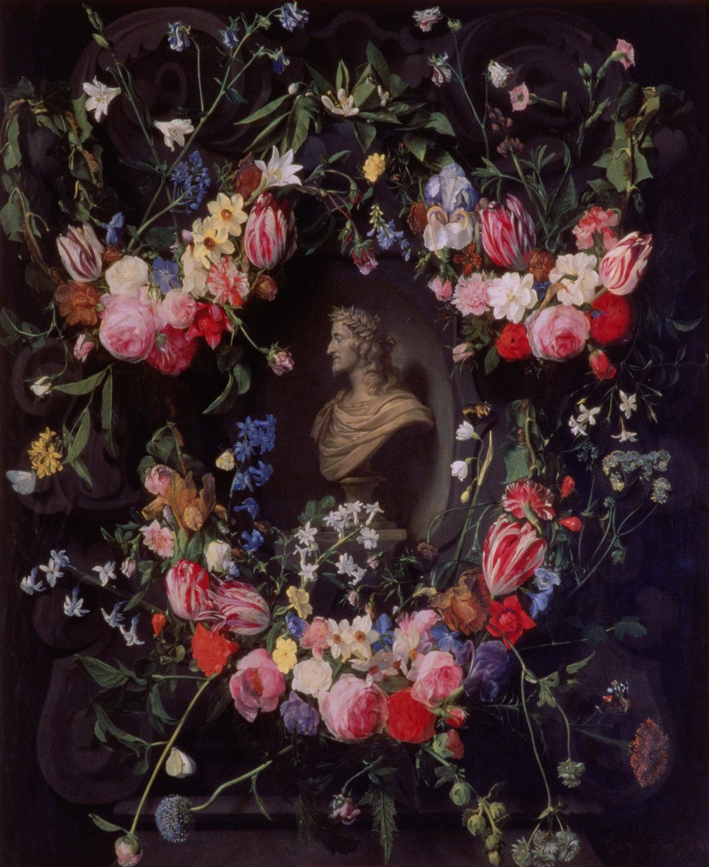 Bloemenslinger rond een marmeren buste van aartshertog Leopold Guglielmo door Daniel Seghers