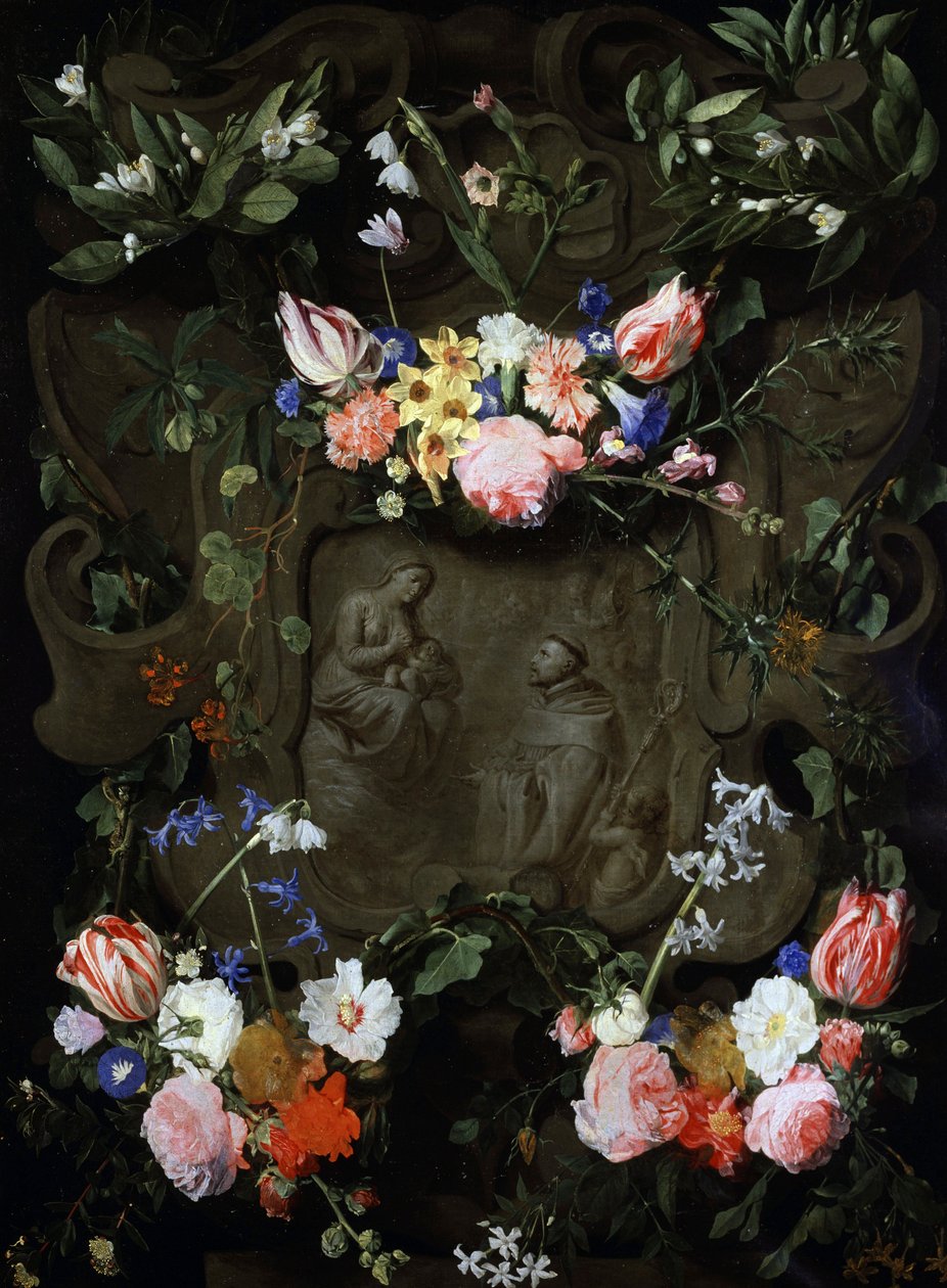 Marmeren nis versierd met bloemen en met een voorstelling van de aanbidding van de maagd. Schilderij door Daniel Seghers (1590-1661) Privécollectie. door Daniel Seghers