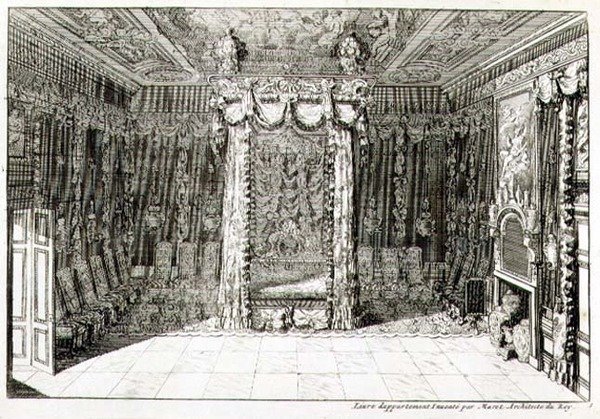 Ontwerp voor een slaapkamer met een hemelbed, uit 