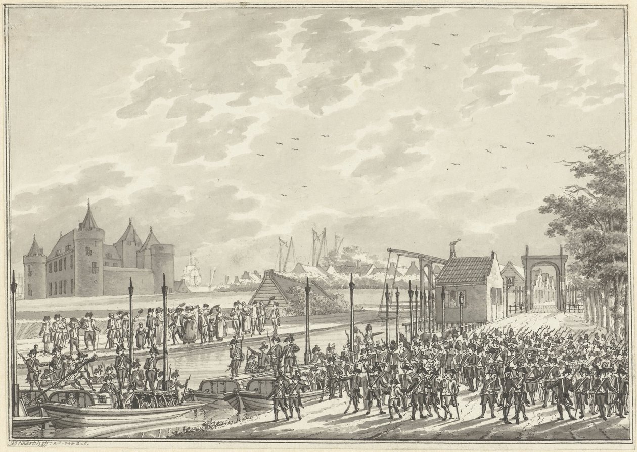 Aankomst van de gewapende Amsterdamse burgers in Muiden, 1787 door Daniël Kerkhoff