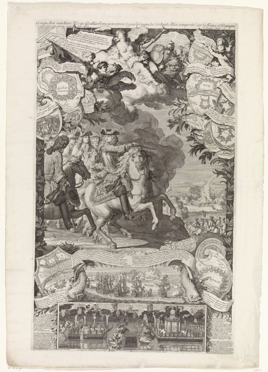 Overwinning van de geallieerden op de Fransen en Spanjaarden, 1702 door Daniël Marot (I)