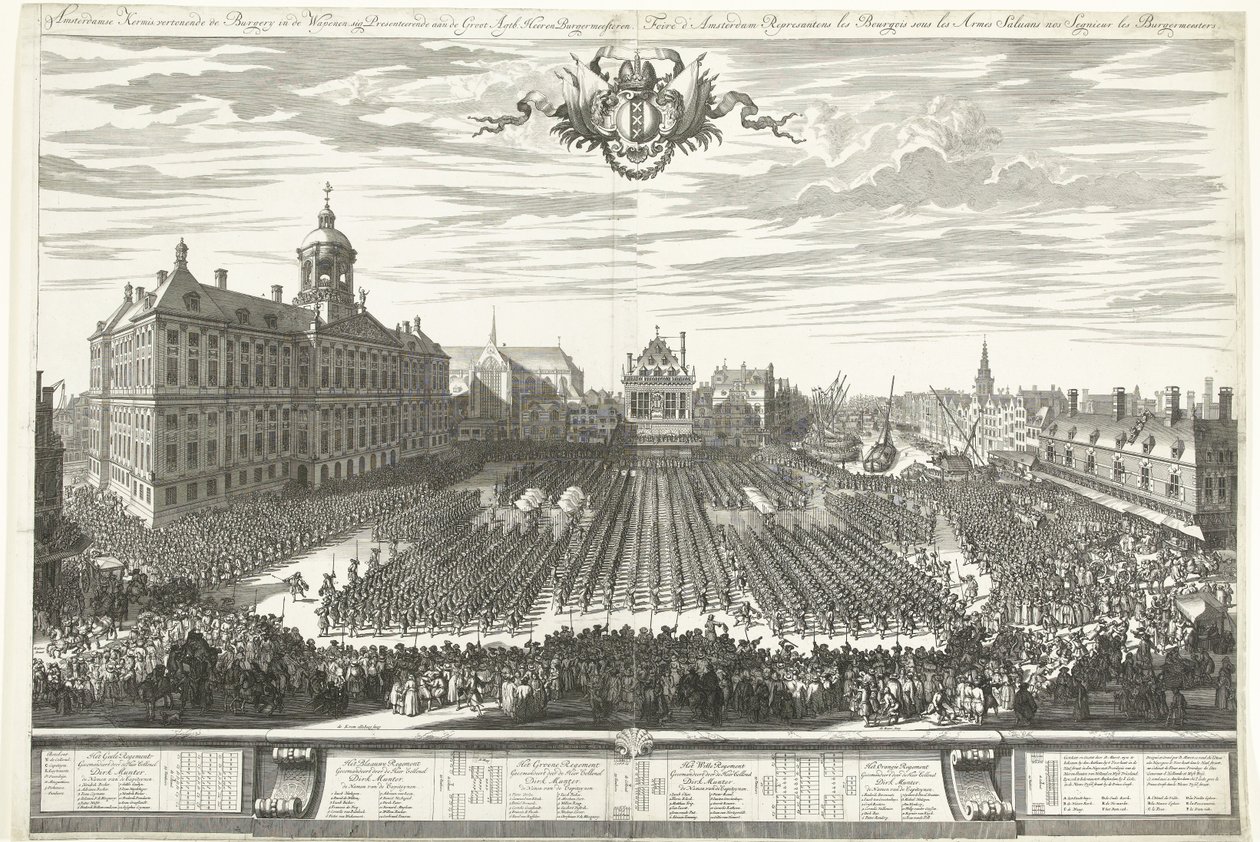 Schutterijen op de Dam tijdens de Amsterdamse kermis, 1686 door Daniël Marot (I)