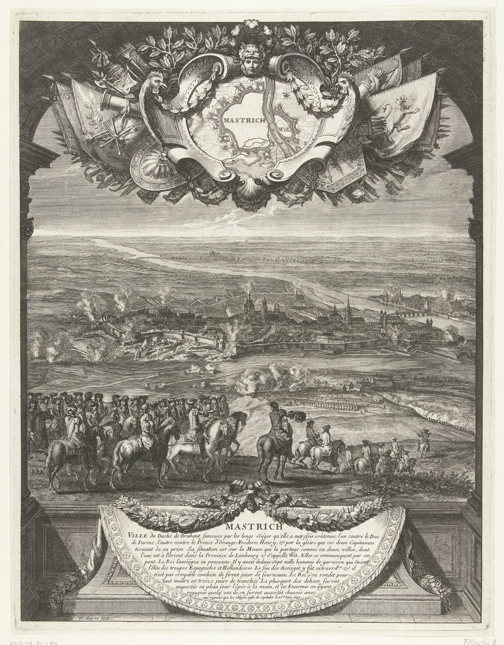 Verovering van Maastricht door de Fransen op 30 juni 1673. Grandes Conquêtes du Roi (series title) door Daniël Marot (I)