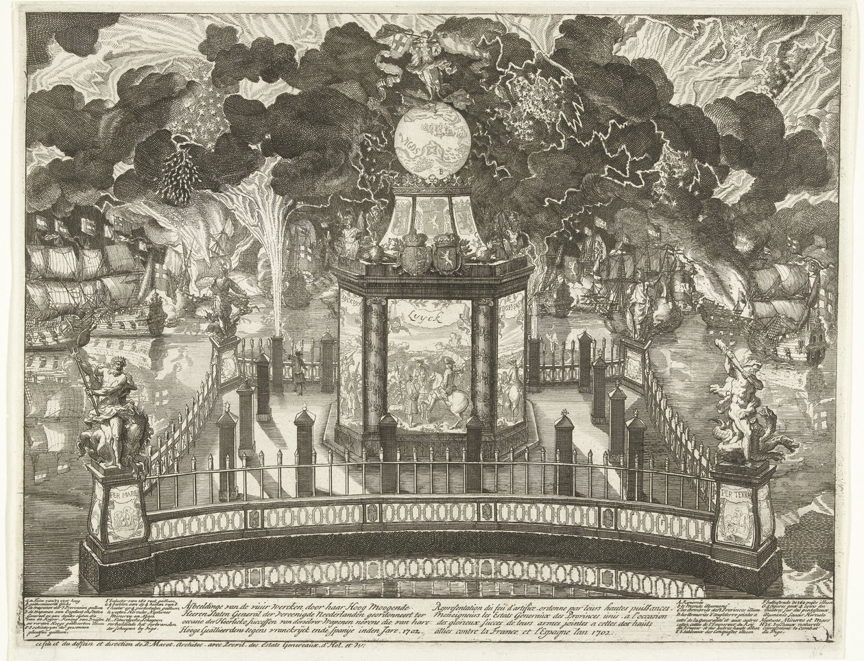 Vuurwerk op de Hofvijver ter viering van de overwinning bij Vigo, 1702 door Daniël Marot (I)