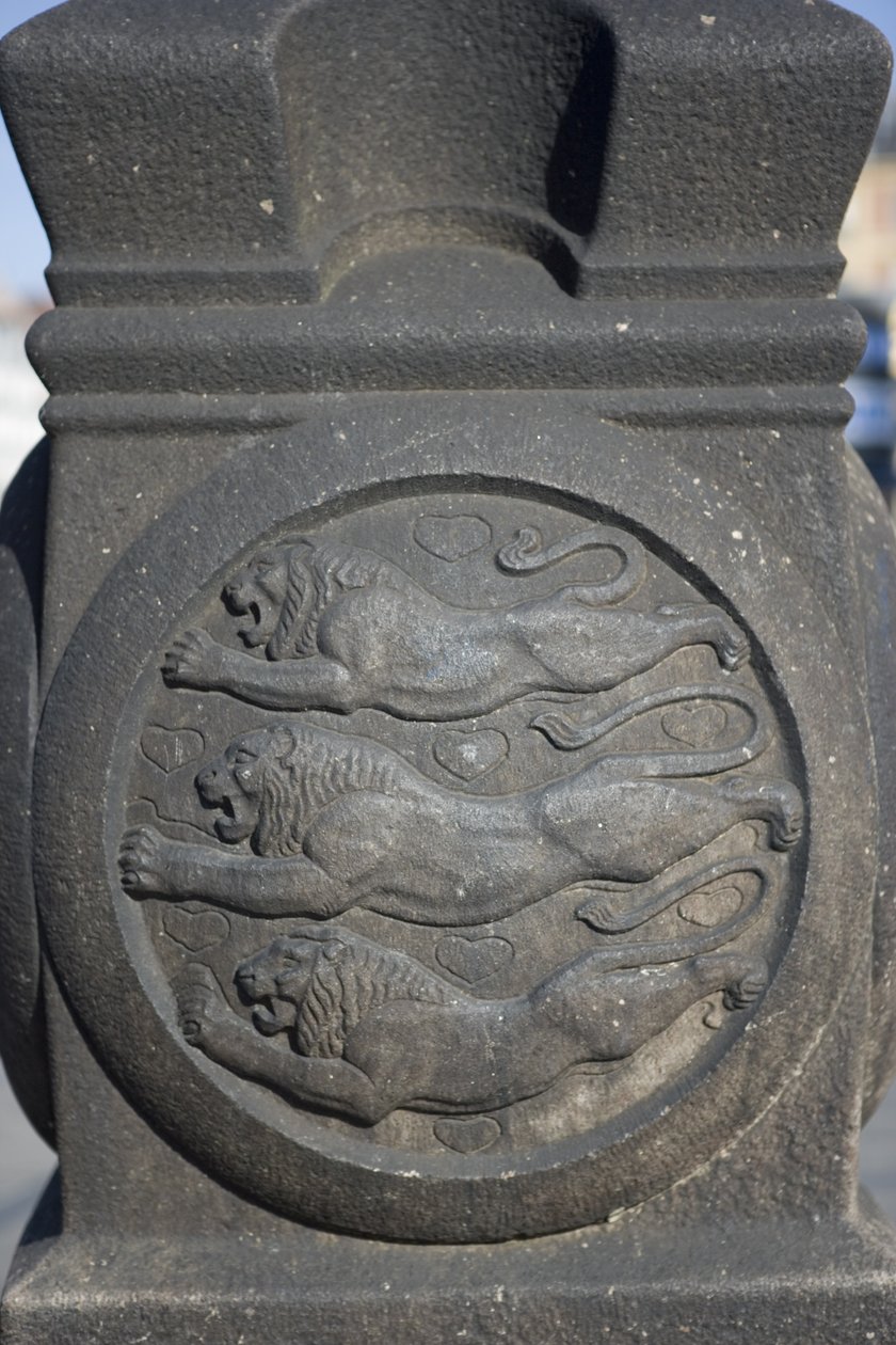 Drie leeuwen symbool uitgehouwen in een stenen kolom op het Stadhuisplein door Danish School
