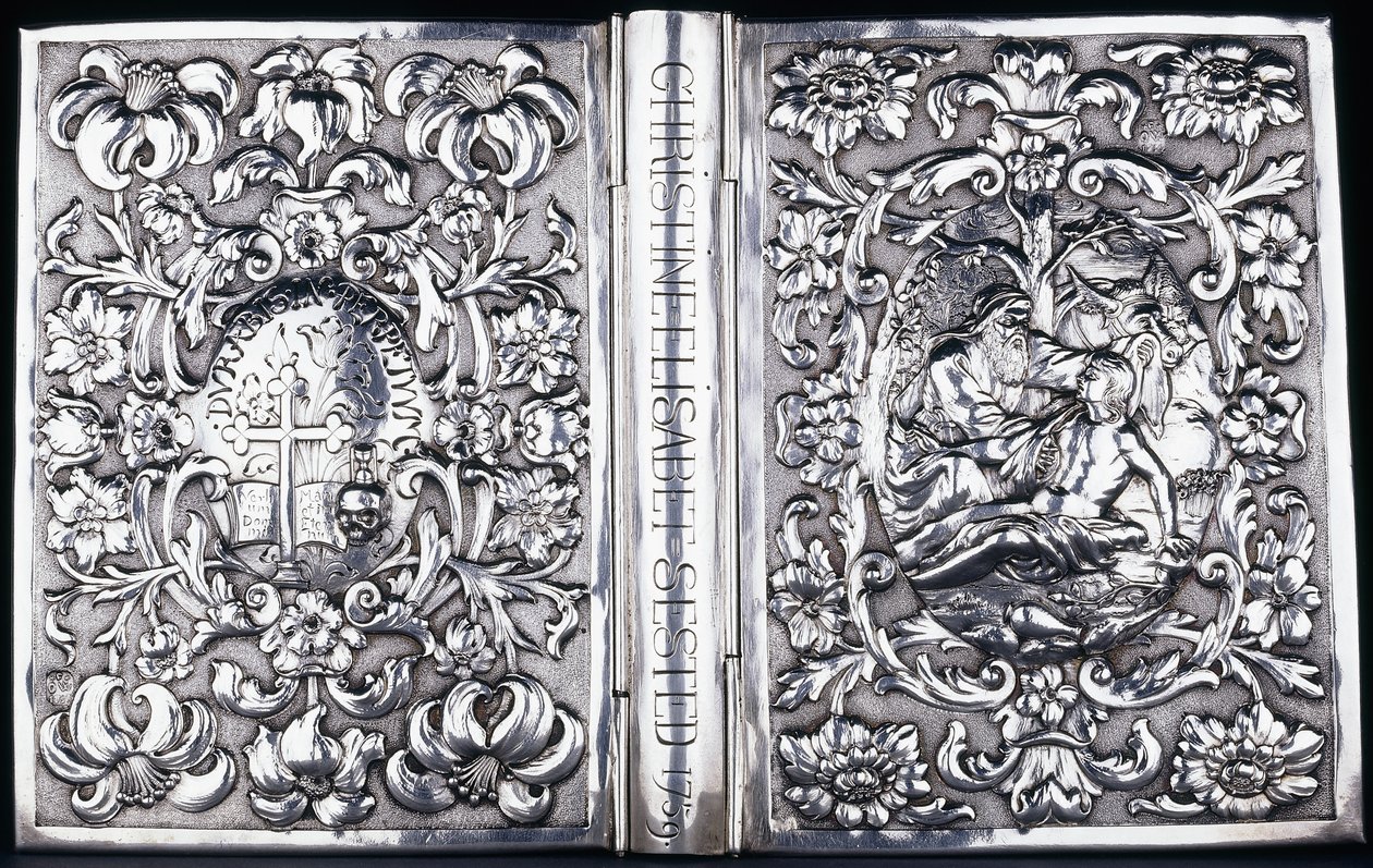 Boven- en onderboekomslag met loofwerk en een afbeelding van de barmhartige Samaritaan, 1740 door Danish School