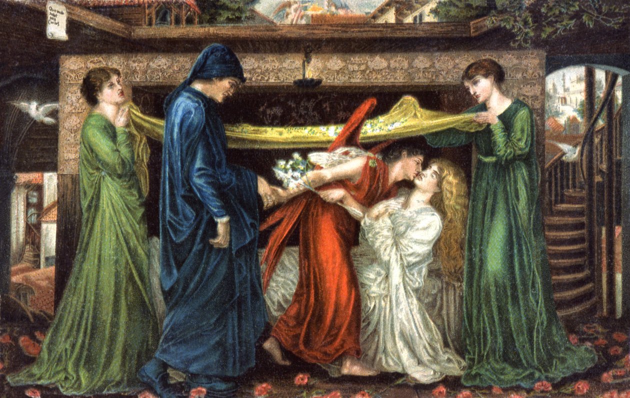 Dante Alighieri ontmoet Beatrice, ca. 1900 door Dante Gabriel (after) Rossetti