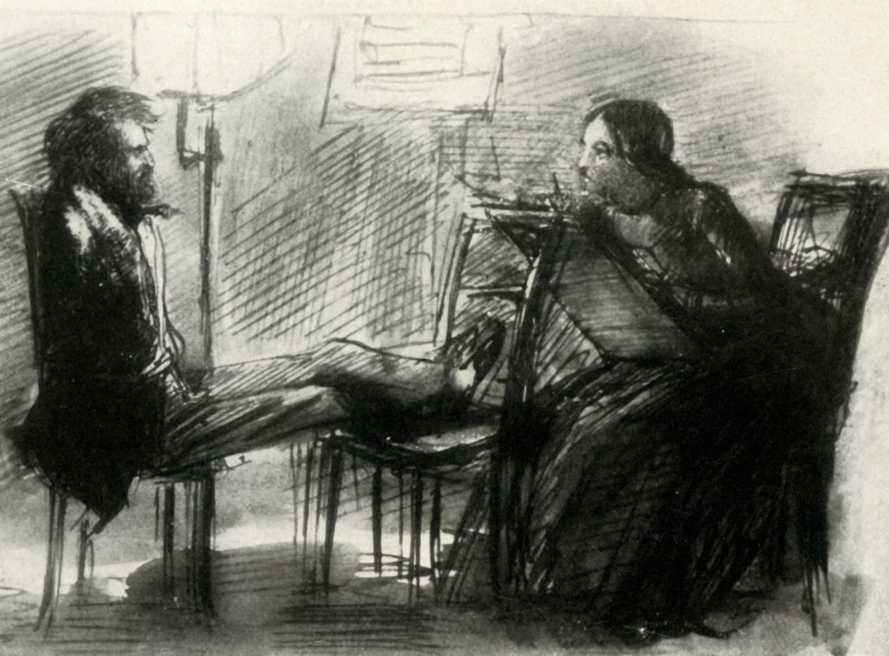Elizabeth Siddal tekent Rossetti door Dante Gabriel Charles Rossetti