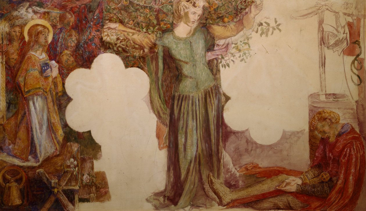 Sir Lancelot verhinderd, door zijn zonde, om de Kapel van de Heilige Graal binnen te gaan door Dante Gabriel Charles Rossetti
