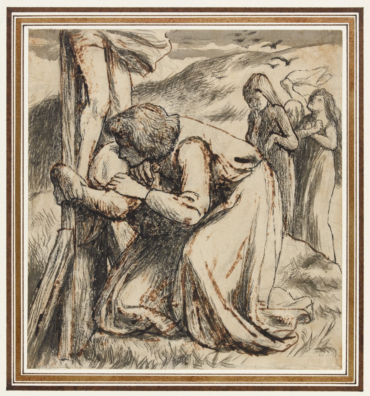Johannes troost de maagd aan de voet van het kruis, ca 1857-58 (pen, oostindische inkt en sepia op papier) door Dante Gabriel Charles Rossetti