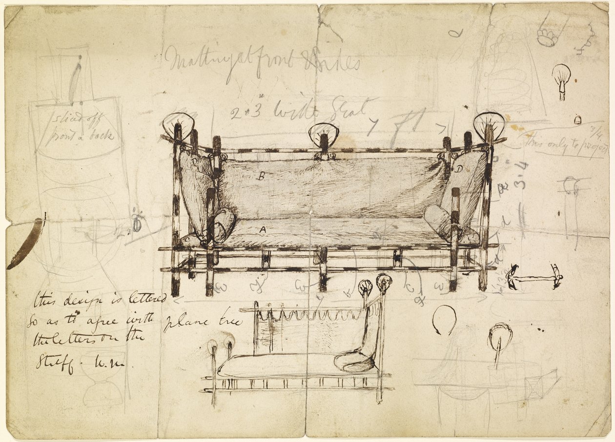 Twee ontwerpen voor een bank, ca. 1861-62 door Dante Gabriel Charles Rossetti