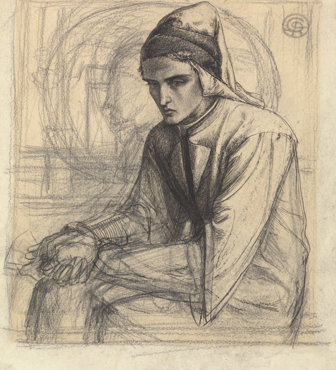 Dante in meditatie met een granaatappel door Dante Gabriel Rossetti