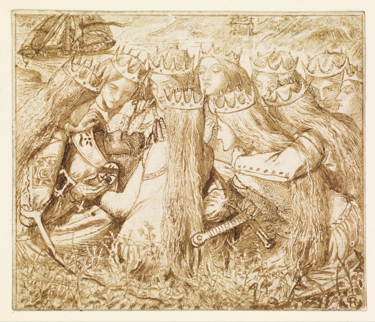 Ontwerp voor Moxons Tennyson – Koning Arthur en de huilende koninginnen door Dante Gabriel Rossetti