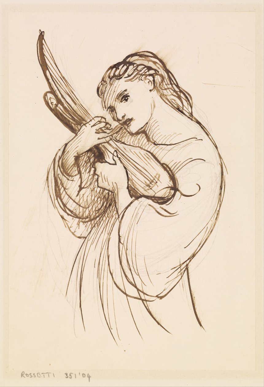 Meisje met muziekinstrument door Dante Gabriel Rossetti