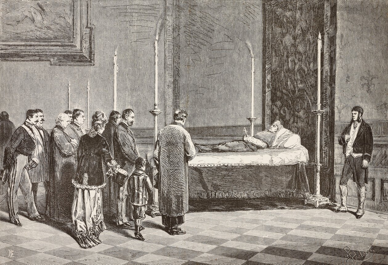 Lichaam van kardinaal Giacomo Antonelli opgebaard in een van de kamers in het Vaticaan, gravure naar een tekening van Dante Paolocci, uit L