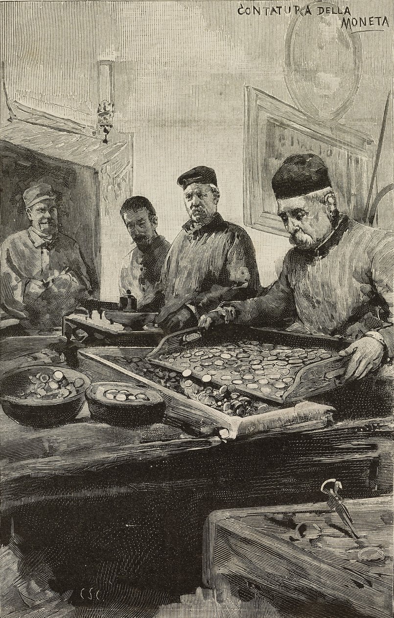 Munten tellen in de munt van Rome, Italië, gravure naar tekening van Dante Paolocci, uit L