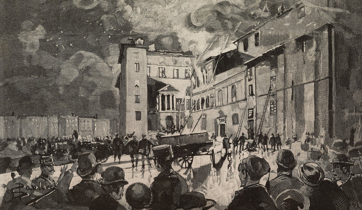 Brand van Israëlische scholen in 1893, Rome, Italië, gravure naar tekening van Dante Paolocci door Dante Paolocci