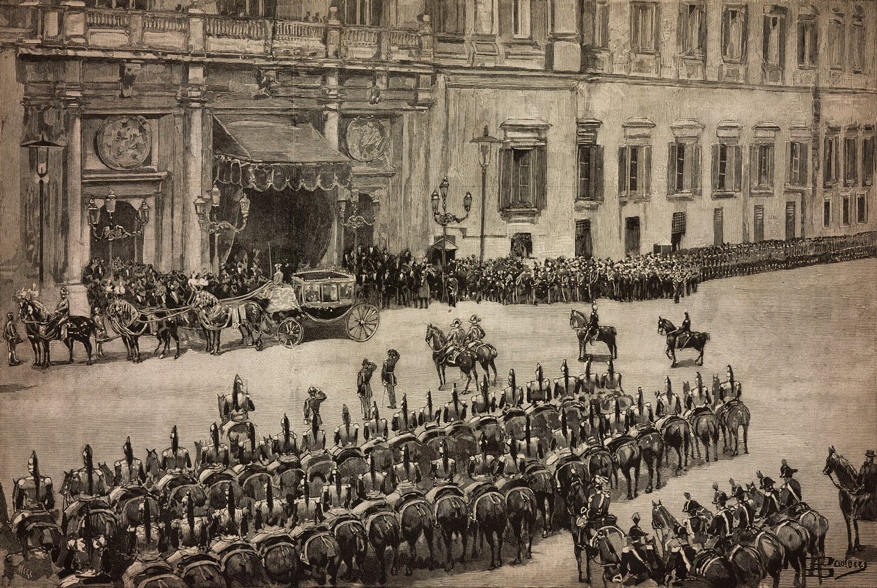 Opening van het Parlement, aankomst van koning Umberto I in Montecitorio, Rome, Italië, gravure naar tekening door Dante Paolocci, L
