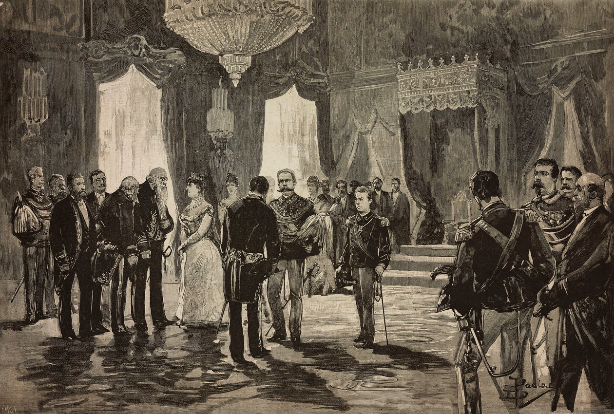 Prins van Napels, Alfonso Maria Giuseppe Alberto van Bourbon-Twee Siciliën in onderluitenant uniform, bij nieuwjaarsreceptie in Quirinal, Italië, gravure naar tekening van Dante Paolocci, uit L