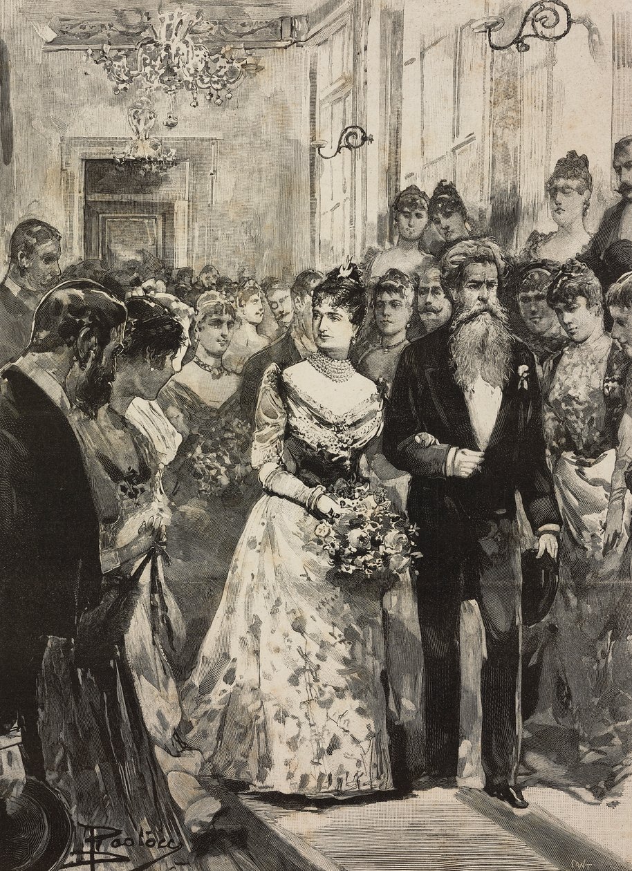 Koningin Margherita van Savoye op feest van de Artistieke Club (Circolo Artistico) van Rome, vergezeld door beeldhouwer Giulio Monteverde, Italië, gravure naar tekening van Dante Paolocci, uit L