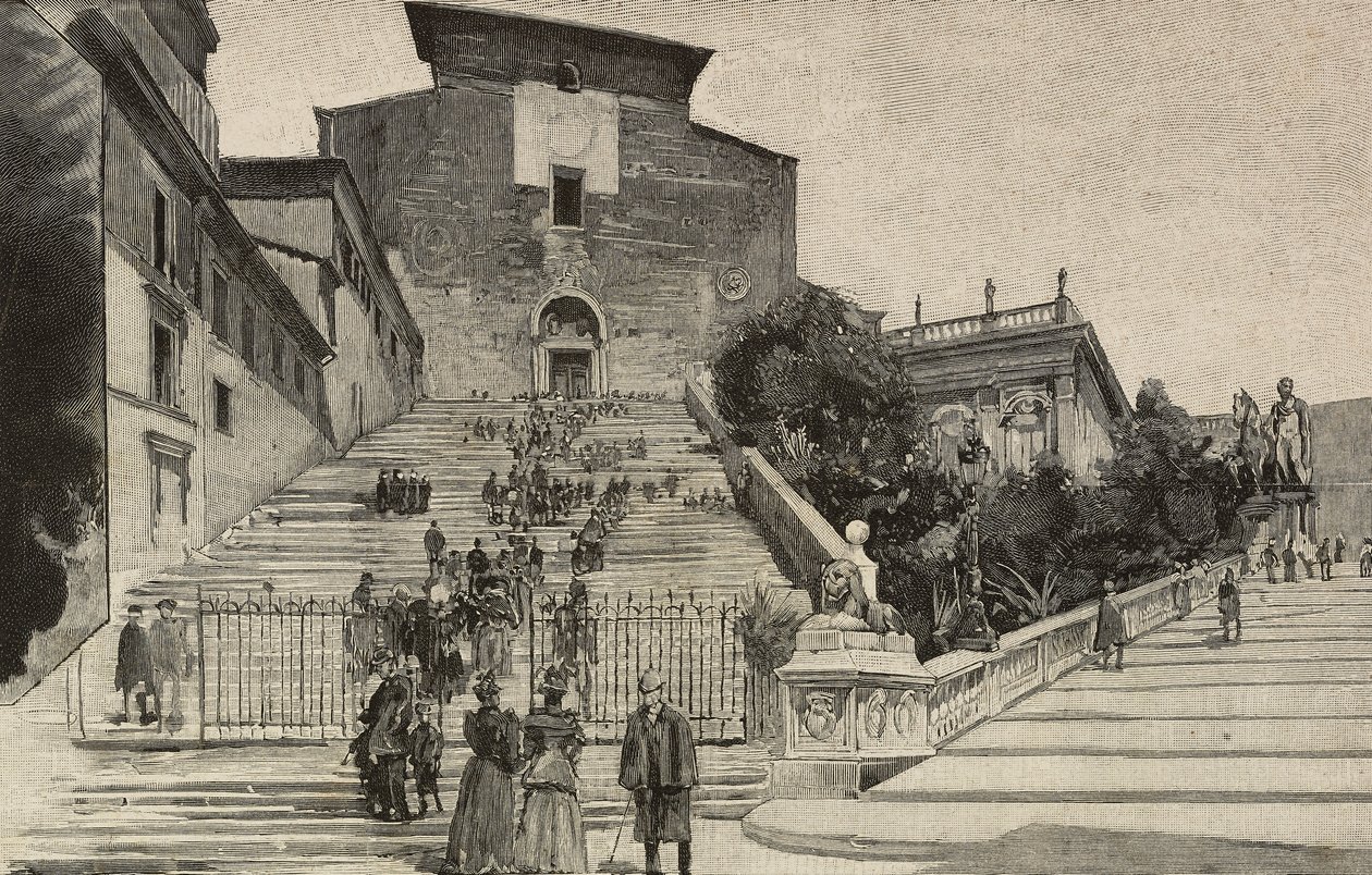 Uitzicht op de Basiliek van Santa Maria in Aracoeli, Rome, Italië, gravure naar tekening van Dante Paolocci door Dante Paolocci