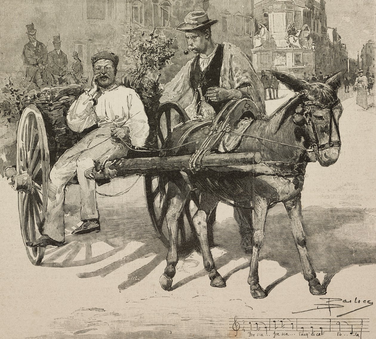 Waterverkoper (acquarolo), die water verkoopt van de Acetosa-fontein in de straten van Rome, Italië, gravure naar tekening van Dante Paolocci, uit L