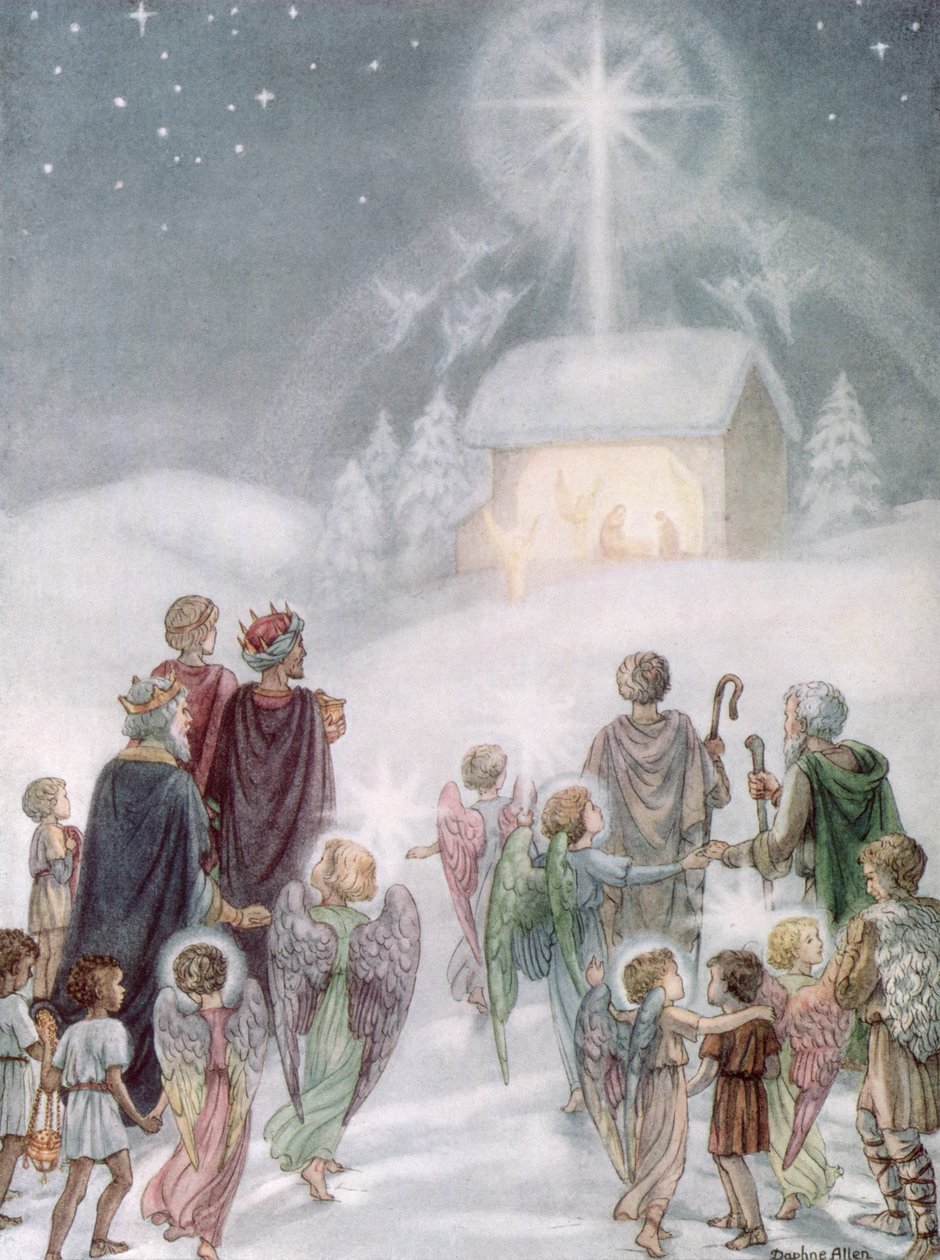 Een kerstkaart van een aquarel door Daphne Allan