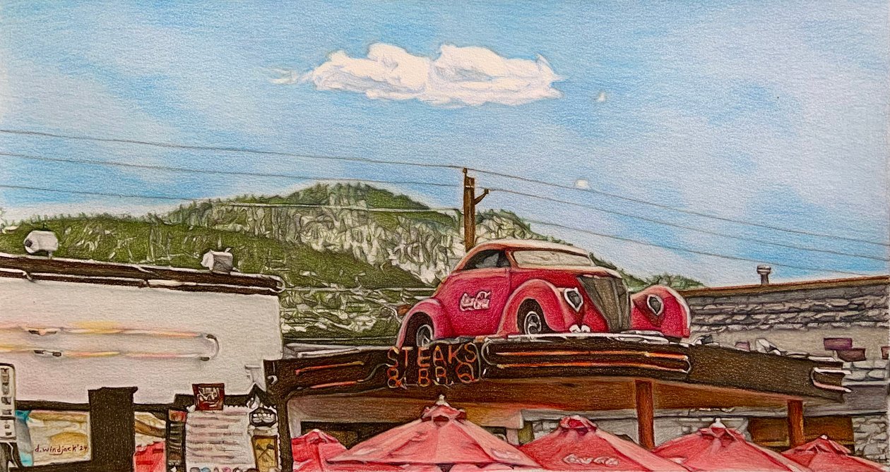 Pitstop op Route 66, 2024 (potlood op papier) door Darrell Windjack